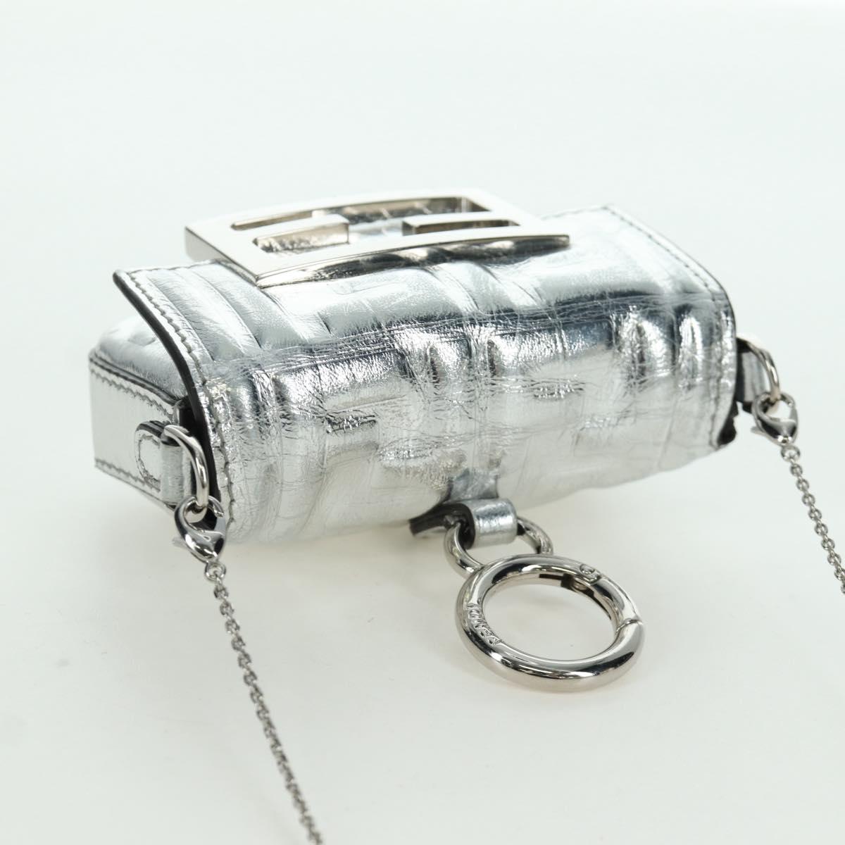 FENDI Zucca Canvas Chain Shoulder Pouch Nano Bucket Bag Silver Auth 171535M