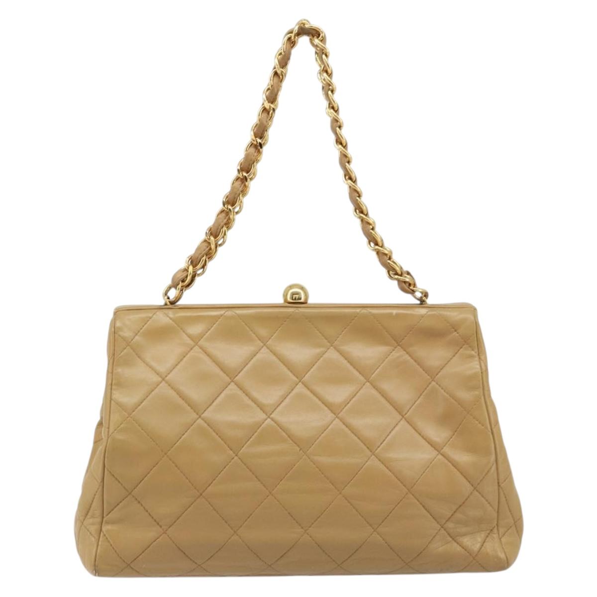 CHANEL Matelasse Chain Shoulder Bag Lamb Skin Beige Gold CC Auth 171543