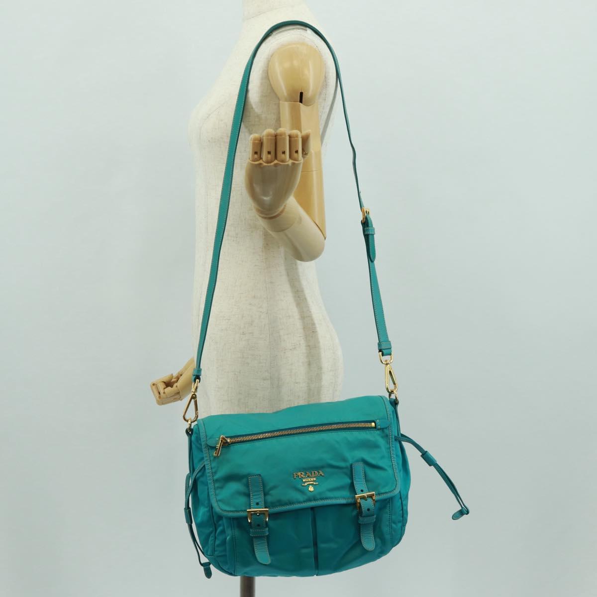 PRADA Shoulder Bag Nylon Turquoise Blue Gold Auth 171551A