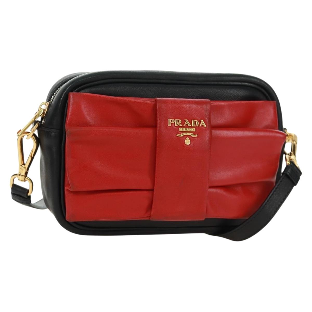 PRADA ribbon Shoulder Bag Leather Black Red gold Auth 171555V