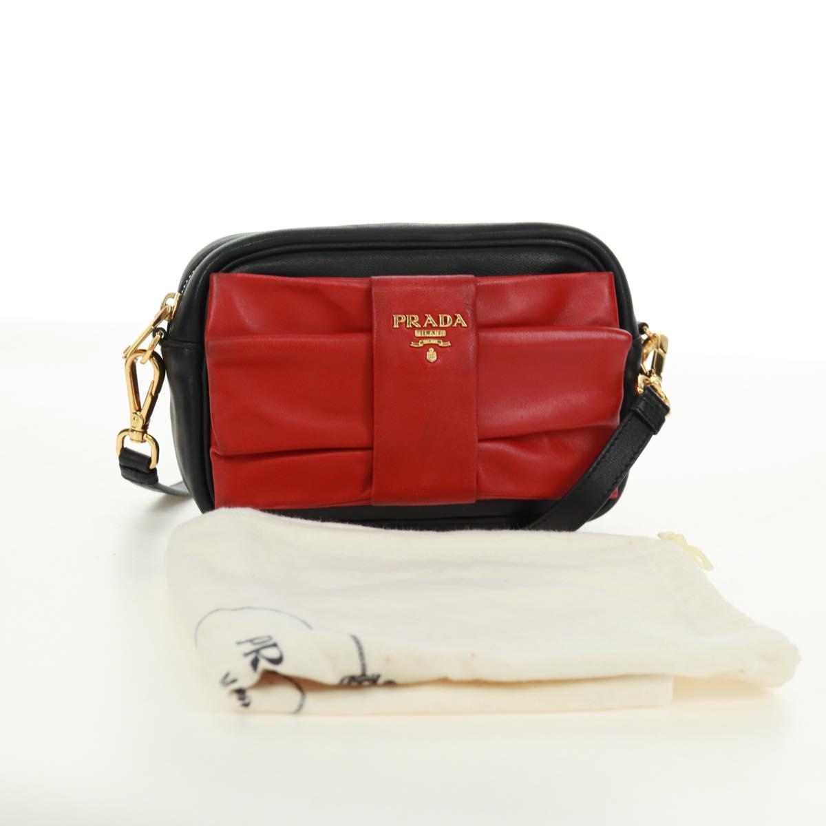 PRADA ribbon Shoulder Bag Leather Black Red gold Auth 171555V