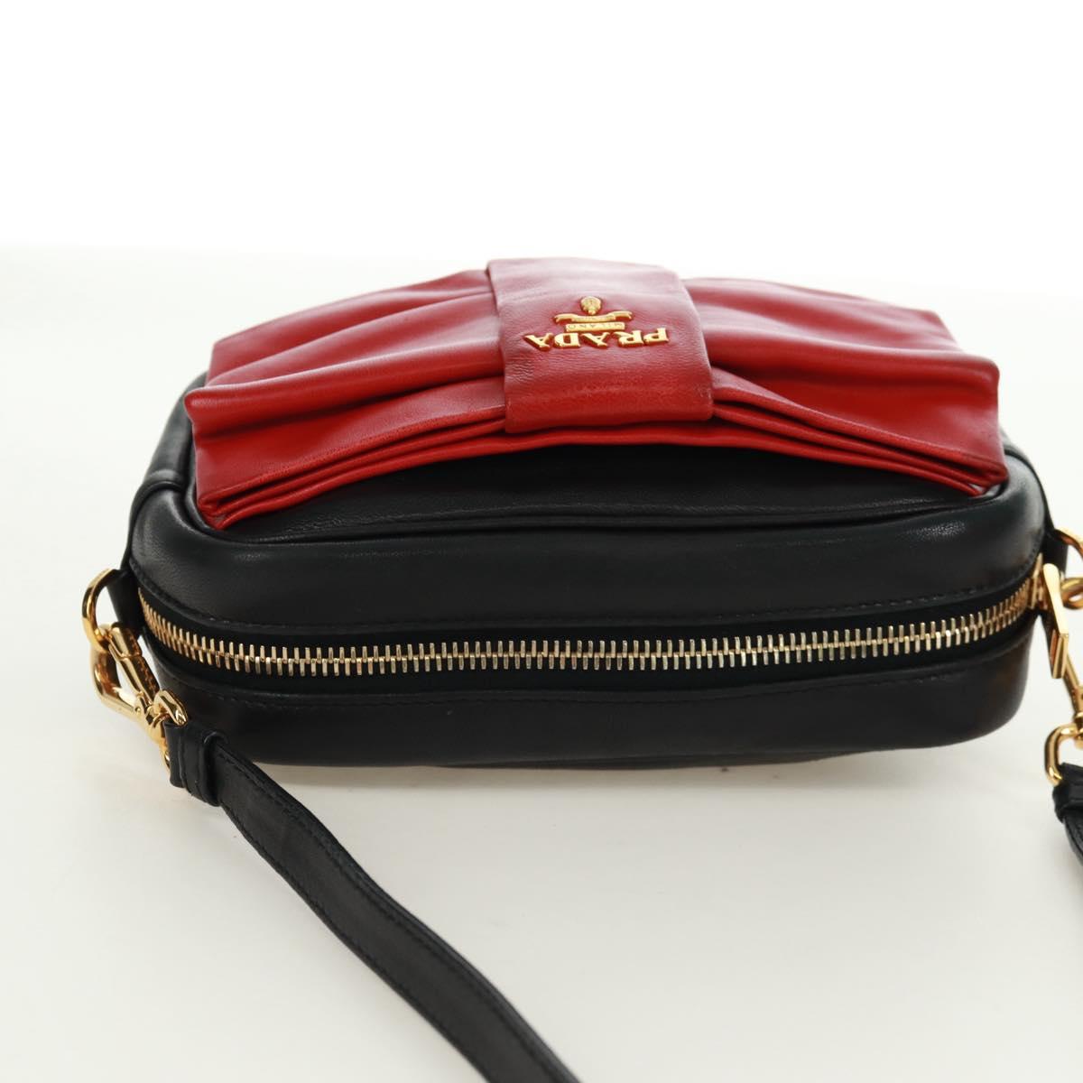 PRADA ribbon Shoulder Bag Leather Black Red gold Auth 171555V