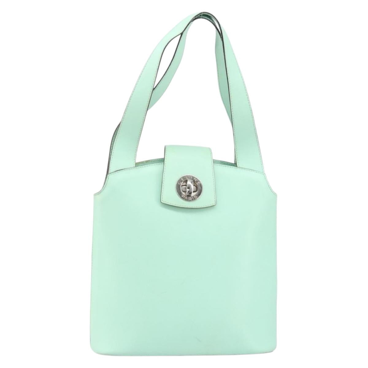 CELINE Circle Hand Bag Leather Green Silver Auth 171568