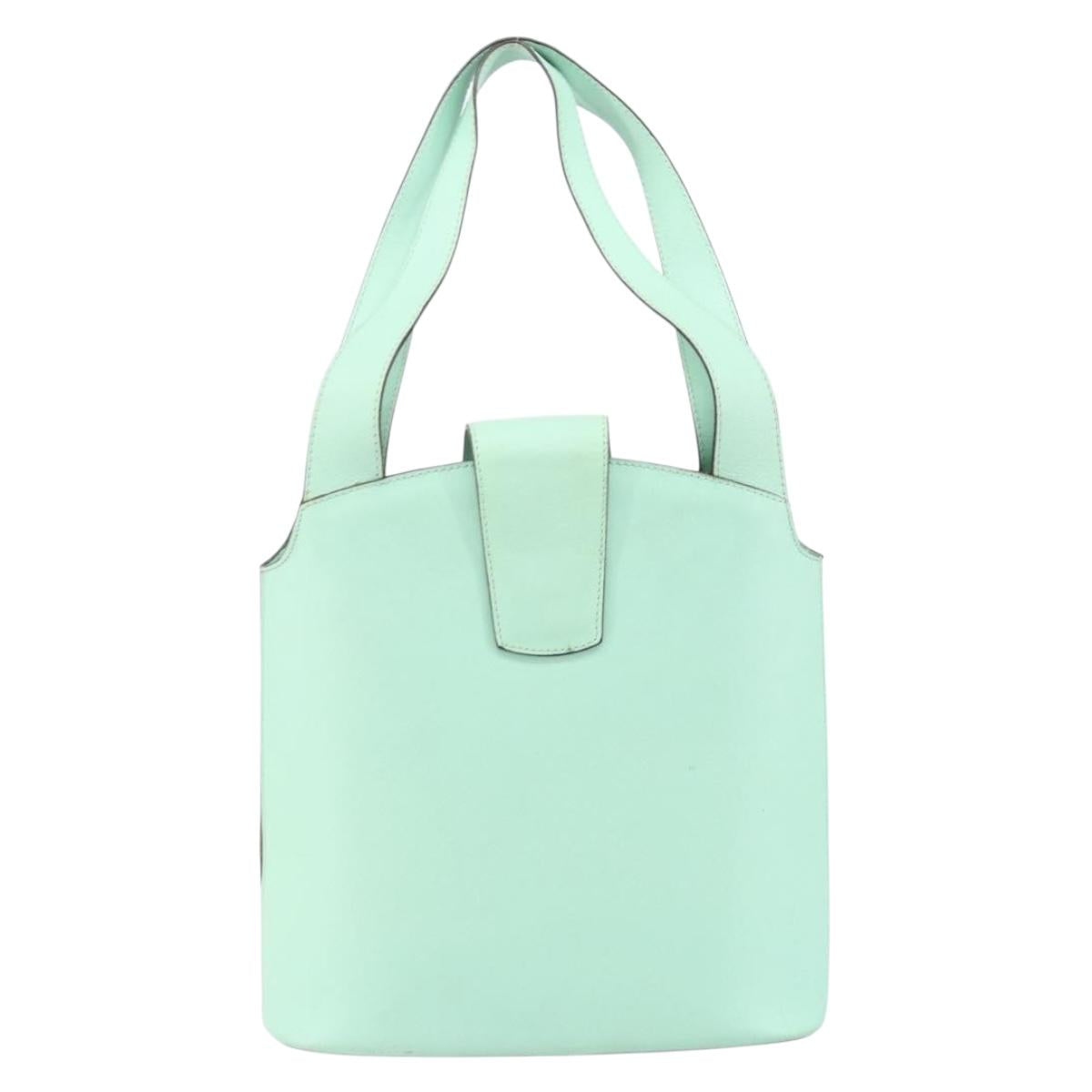 CELINE Circle Hand Bag Leather Green Silver Auth 171568