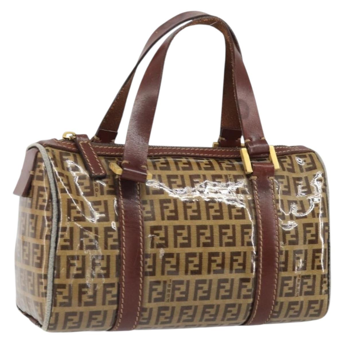 FENDI Zucchino Canvas Boston Bag Patent leather Brown Gold Auth 171572