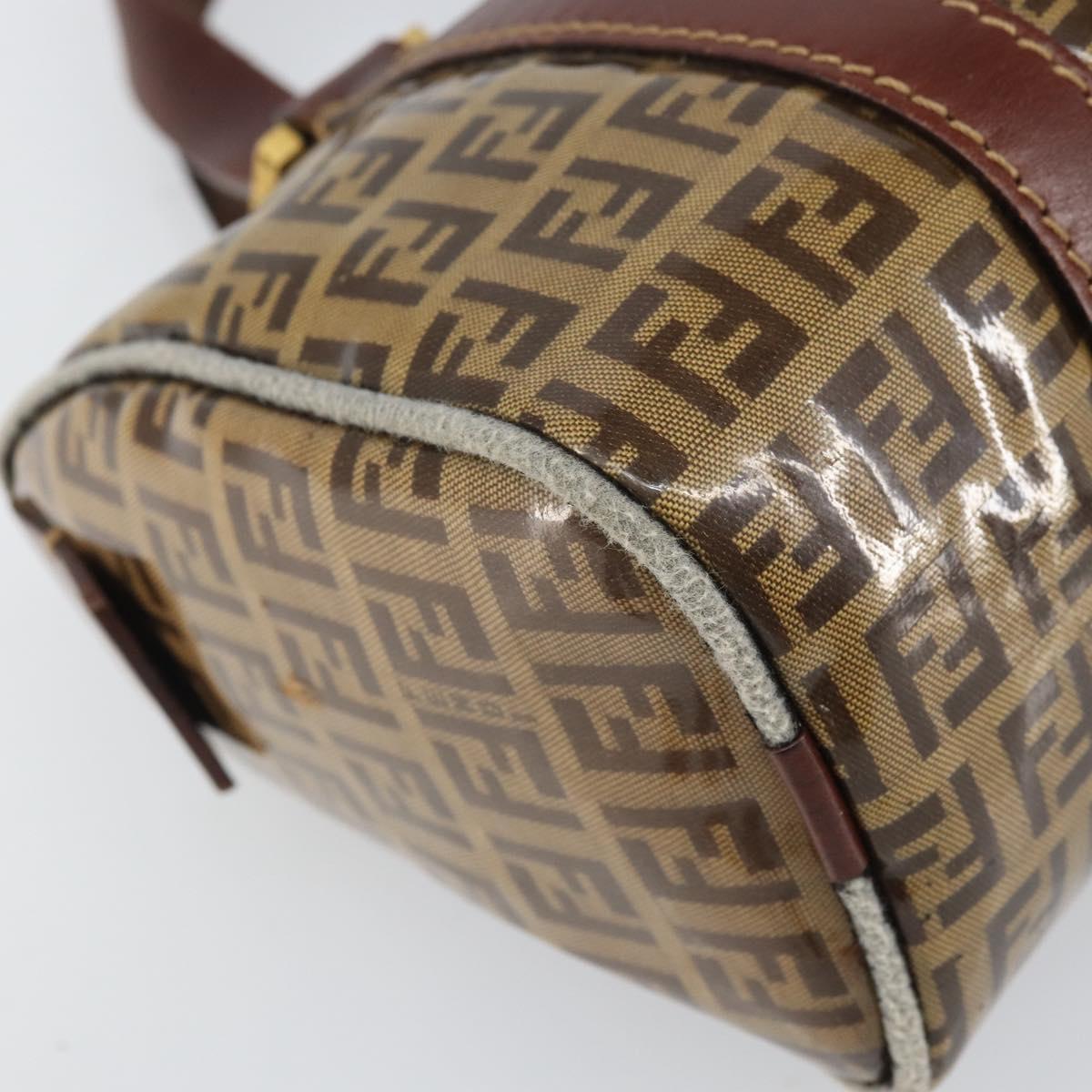 FENDI Zucchino Canvas Boston Bag Patent leather Brown Gold Auth 171572