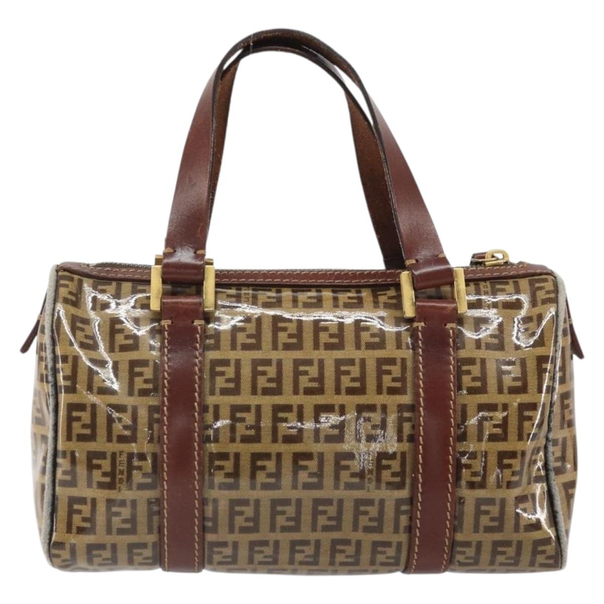 FENDI Zucchino Canvas Boston Bag Patent leather Brown Gold Auth 171572