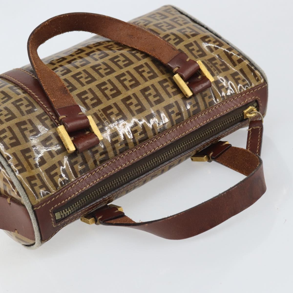 FENDI Zucchino Canvas Boston Bag Patent leather Brown Gold Auth 171572
