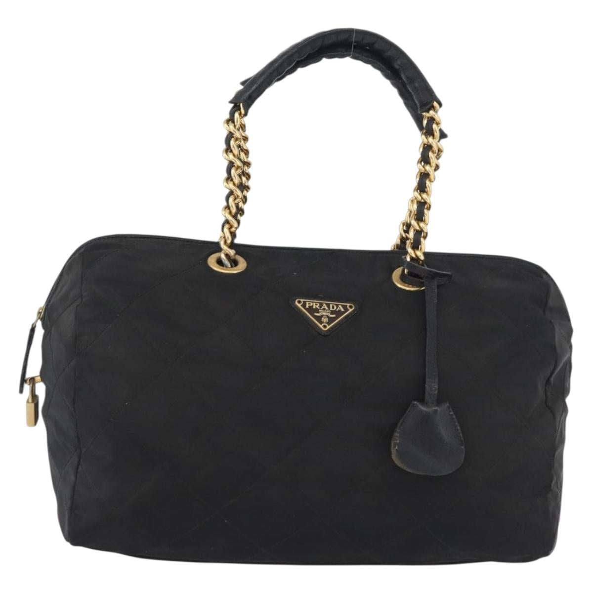 PRADA Chain Hand Bag Nylon Black Gold Auth 171579