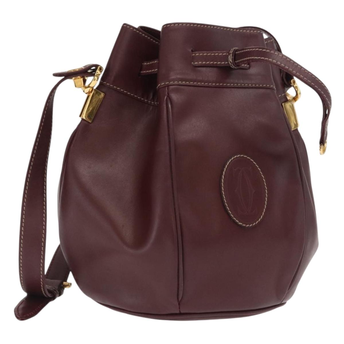 CARTIER Must Line Purse Shoulder Bag Leather Bordeaux Gold Auth 171643