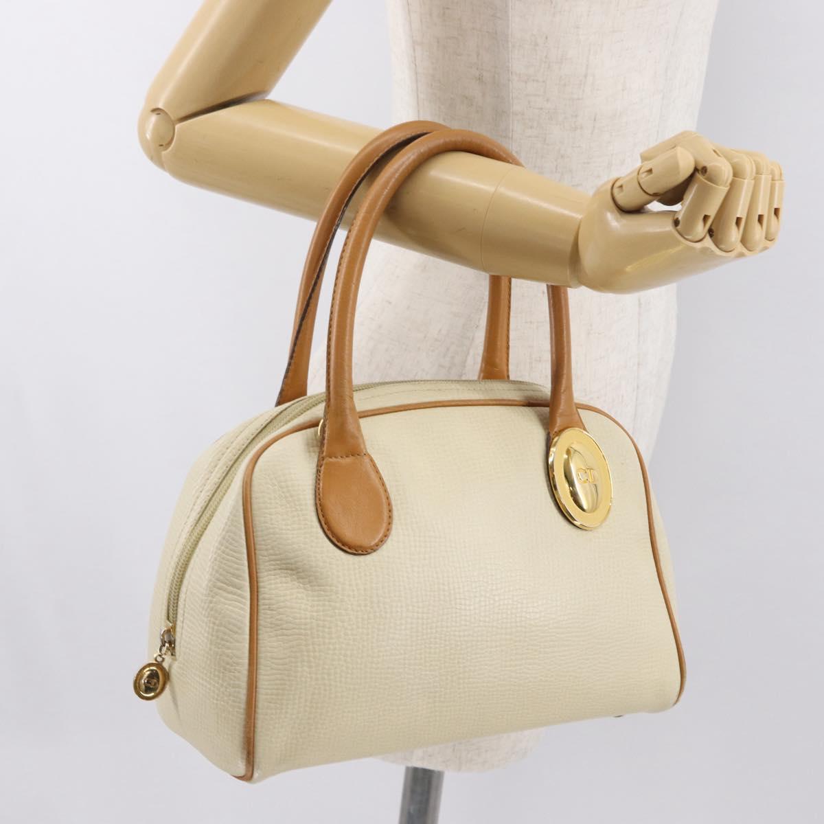 Christian Dior Hand Bag Leather Ivory Gold Auth 171650