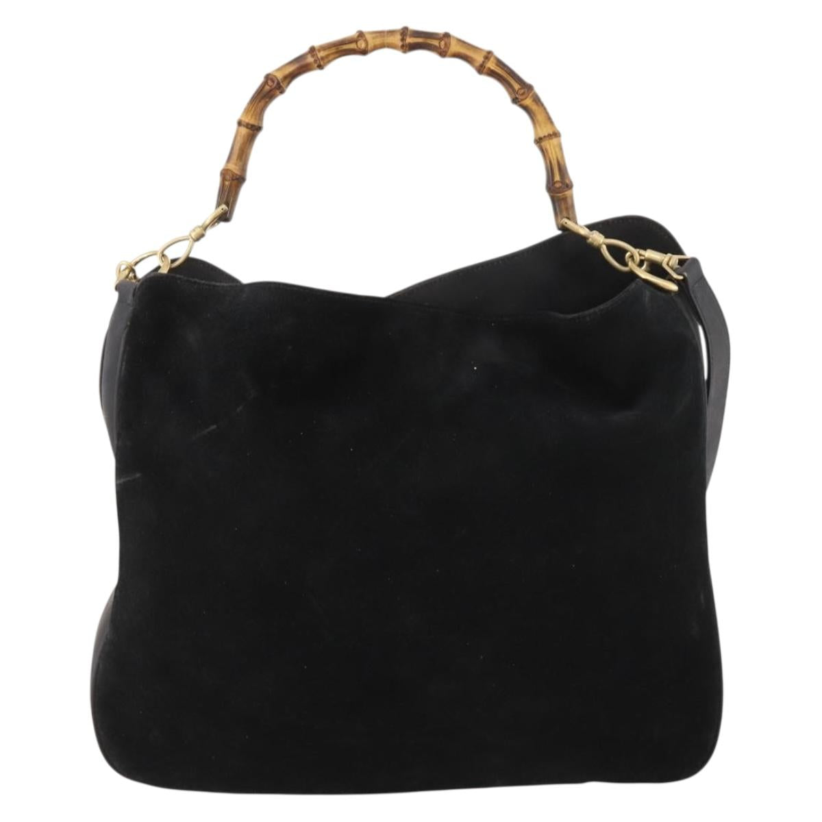 GUCCI Bamboo Shoulder Bag Suede 2way Black Gold 001 2058 1577 Auth 171654