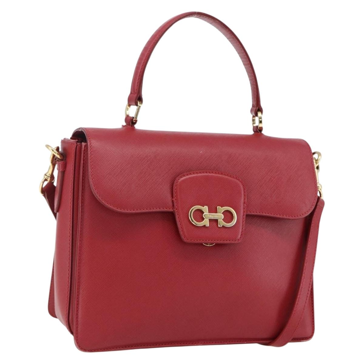 Salvatore Ferragamo Gancini Hand Bag Leather 2way Red Gold Auth 171837