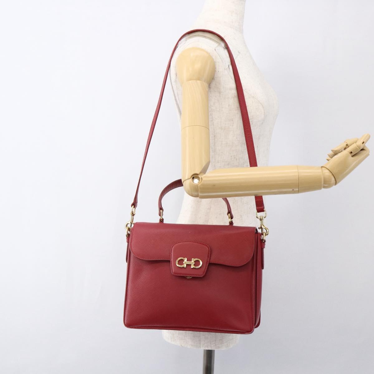 Salvatore Ferragamo Gancini Hand Bag Leather 2way Red Gold Auth 171837