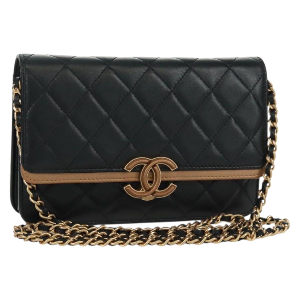 CHANEL Matelasse Chain Wallet Lamb Skin Black CC Auth 171862SAM