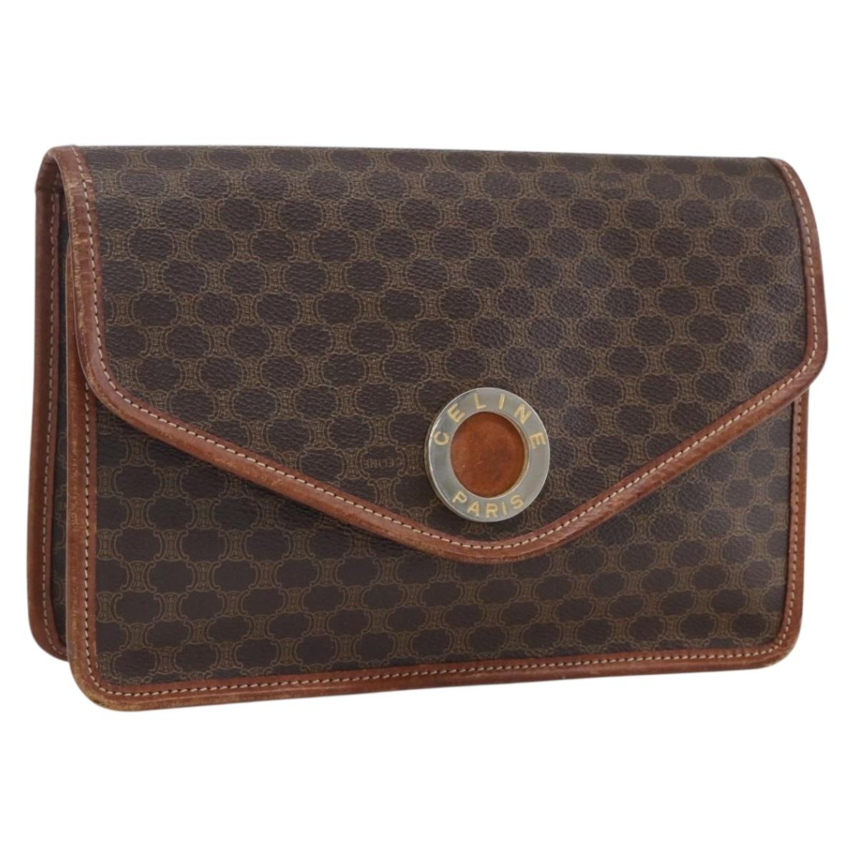 CELINE Macadam Canvas Circle Clutch Bag PVC Leather Brown Gold Auth 171869