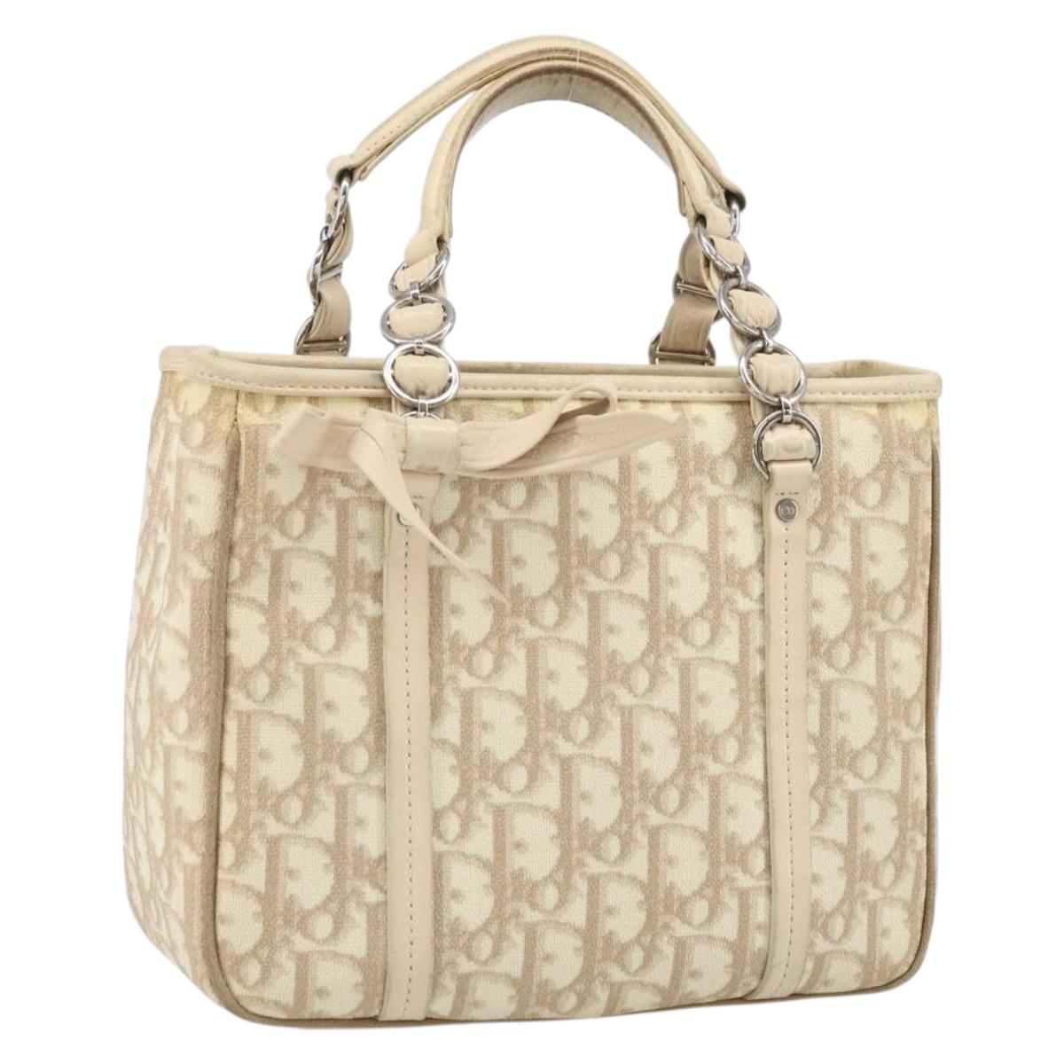 Christian Dior Trotter Canvas Romantic Hand Bag PVC Beige Silver Auth 171915