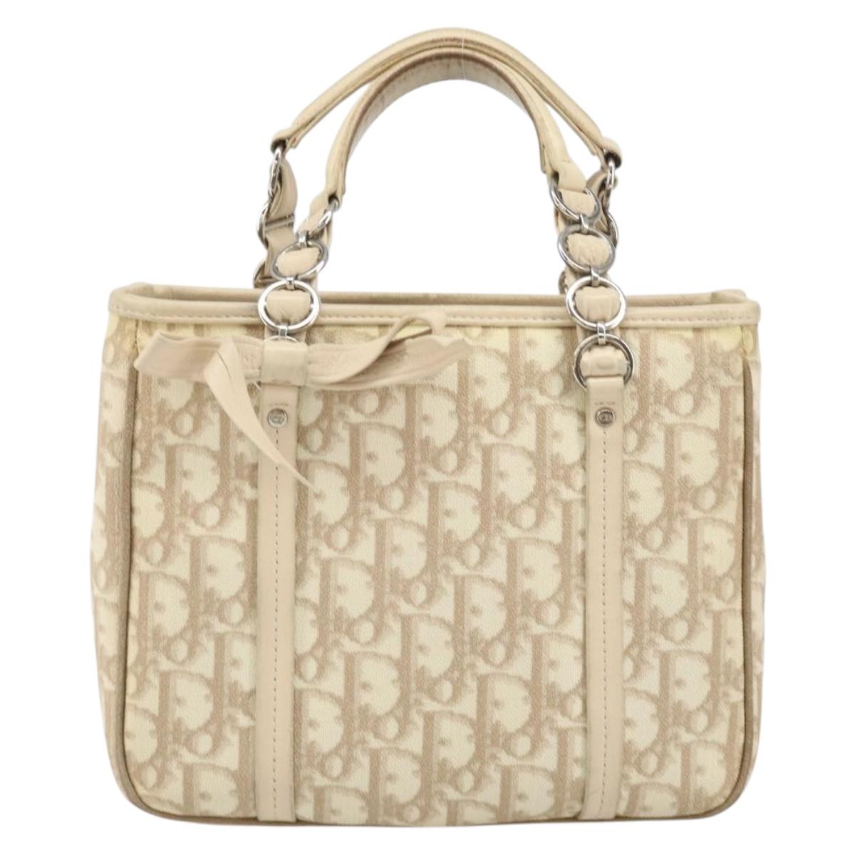 Christian Dior Trotter Canvas Romantic Hand Bag PVC Beige Silver Auth 171915