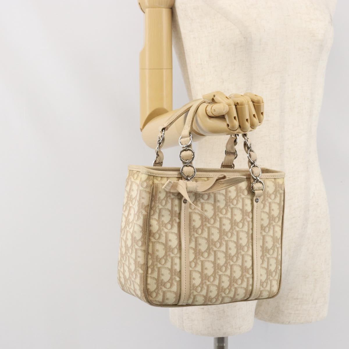 Christian Dior Trotter Canvas Romantic Hand Bag PVC Beige Silver Auth 171915