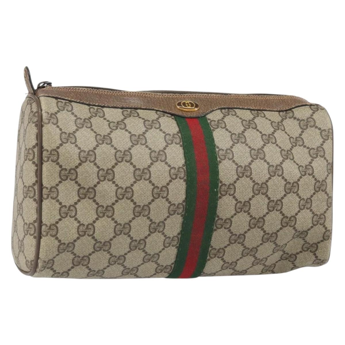GUCCI GG Supreme Web Sherry Line Clutch Bag PVC Beige Gold 89 02 017 Auth 171925
