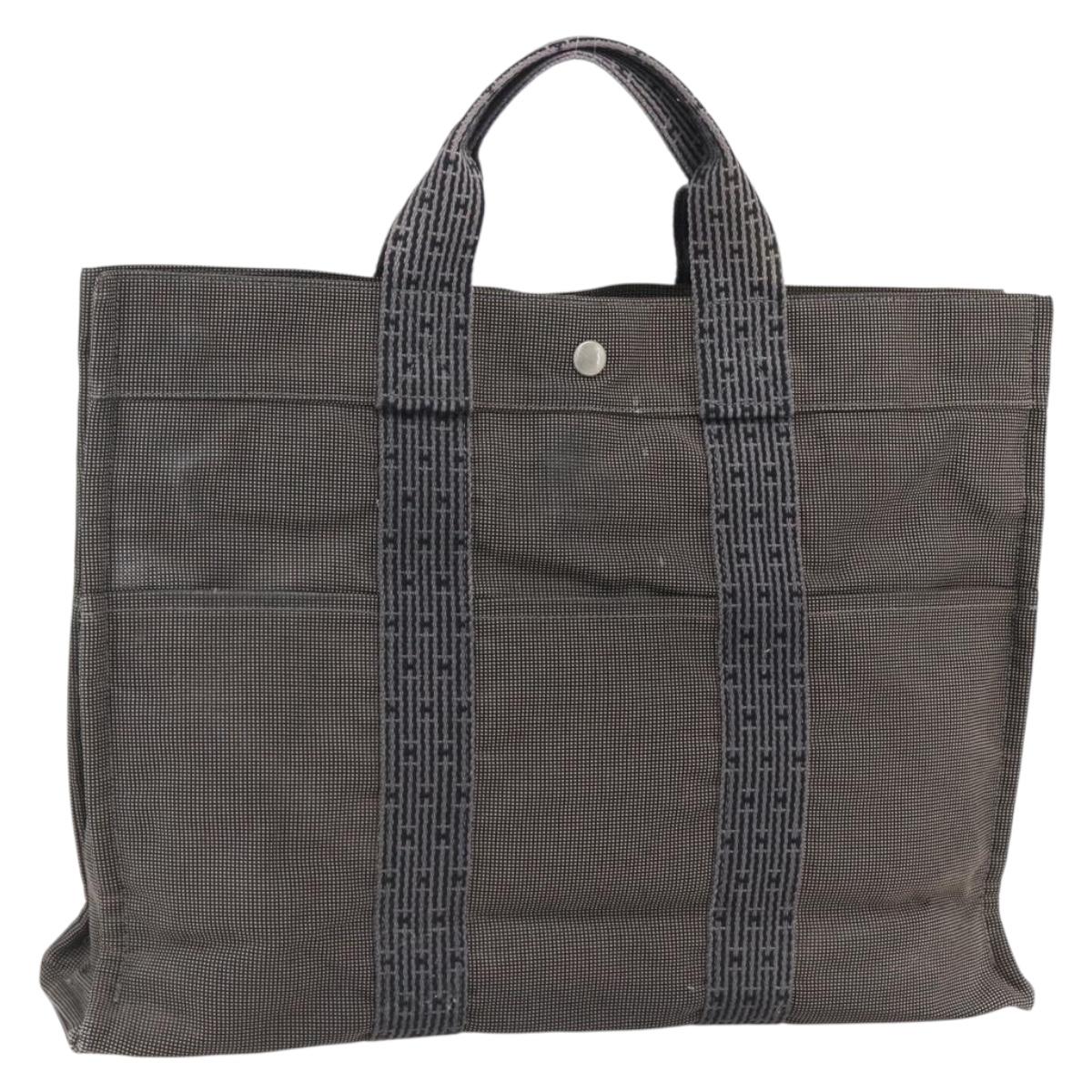 HERMES Her Line Tote MM Hand Bag Canvas Gray Silver Auth 171988