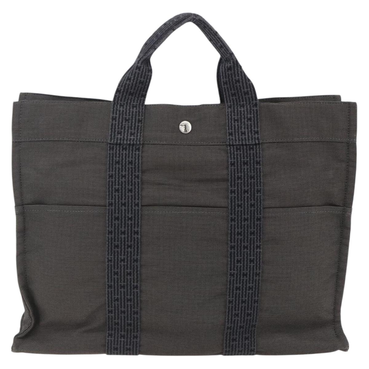 HERMES Her Line Tote MM Hand Bag Canvas Gray Silver Auth 171993