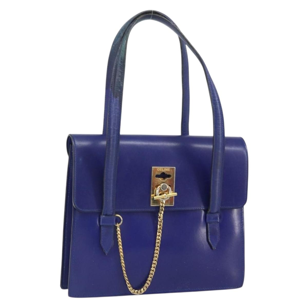 CELINE Hand Bag Leather Blue Gold Auth 171994