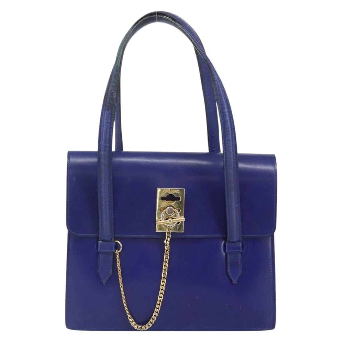 CELINE Hand Bag Leather Blue Gold Auth 171994