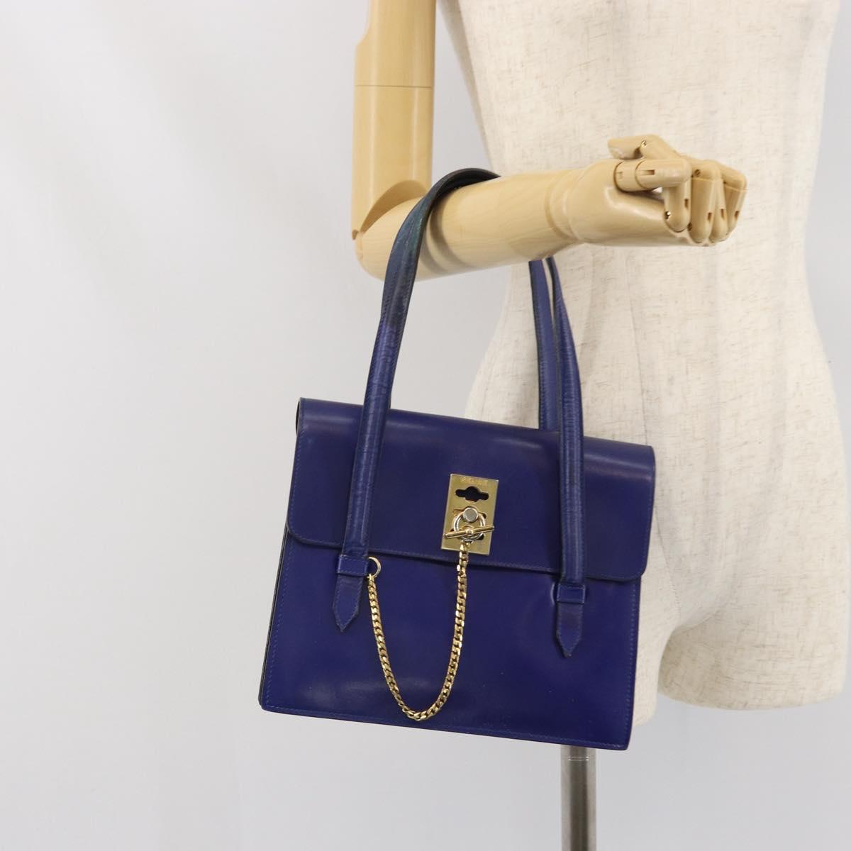 CELINE Hand Bag Leather Blue Gold Auth 171994