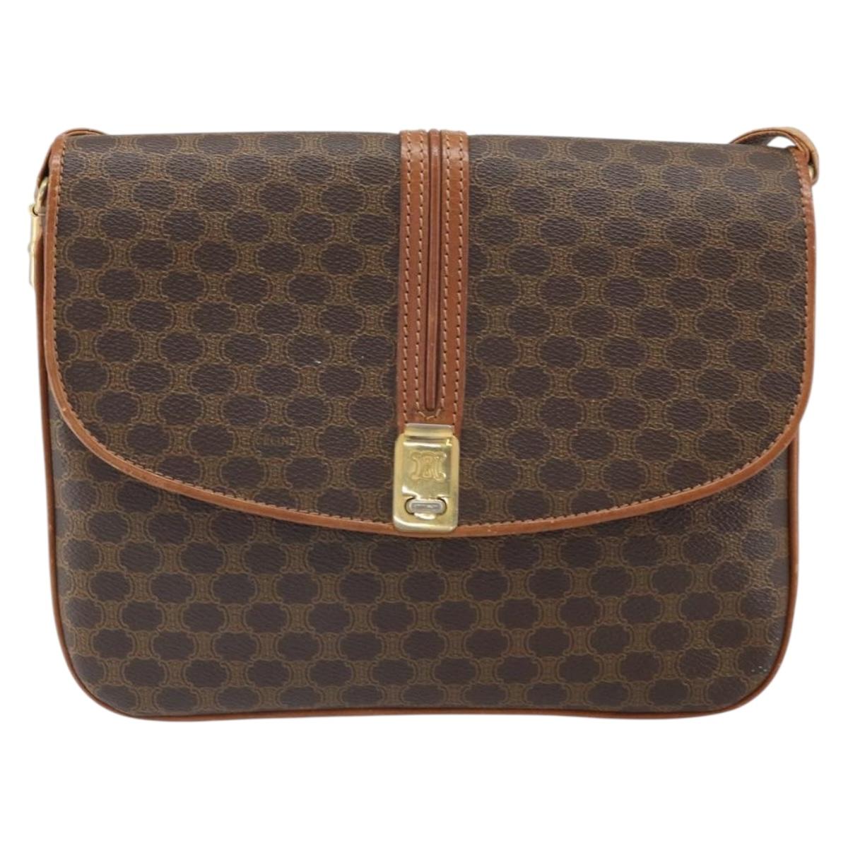 CELINE Macadam Canvas Shoulder Bag PVC Leather Brown Gold Auth 172001