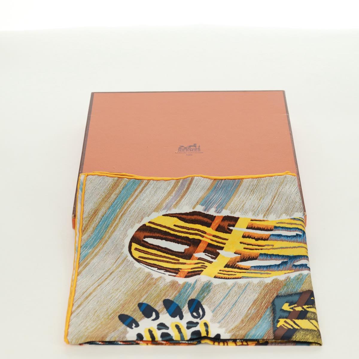 HERMES Carre 90 Scarf ""LE CHAT CARRE"" Silk Beige Auth 172015SAM