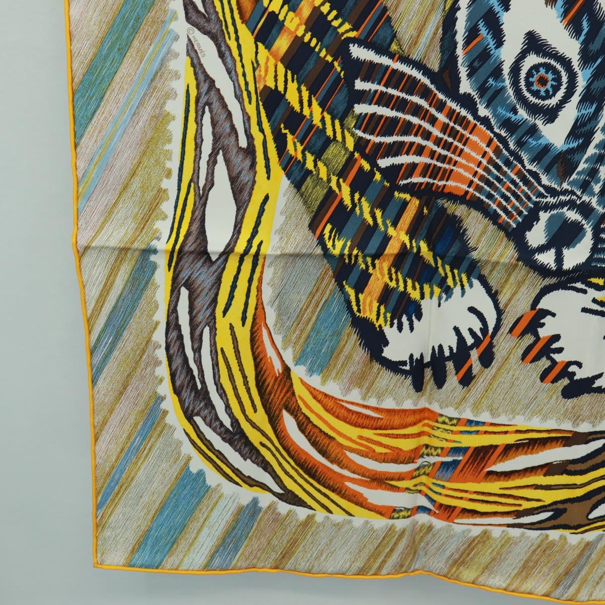 HERMES Carre 90 Scarf ""LE CHAT CARRE"" Silk Beige Auth 172015SAM