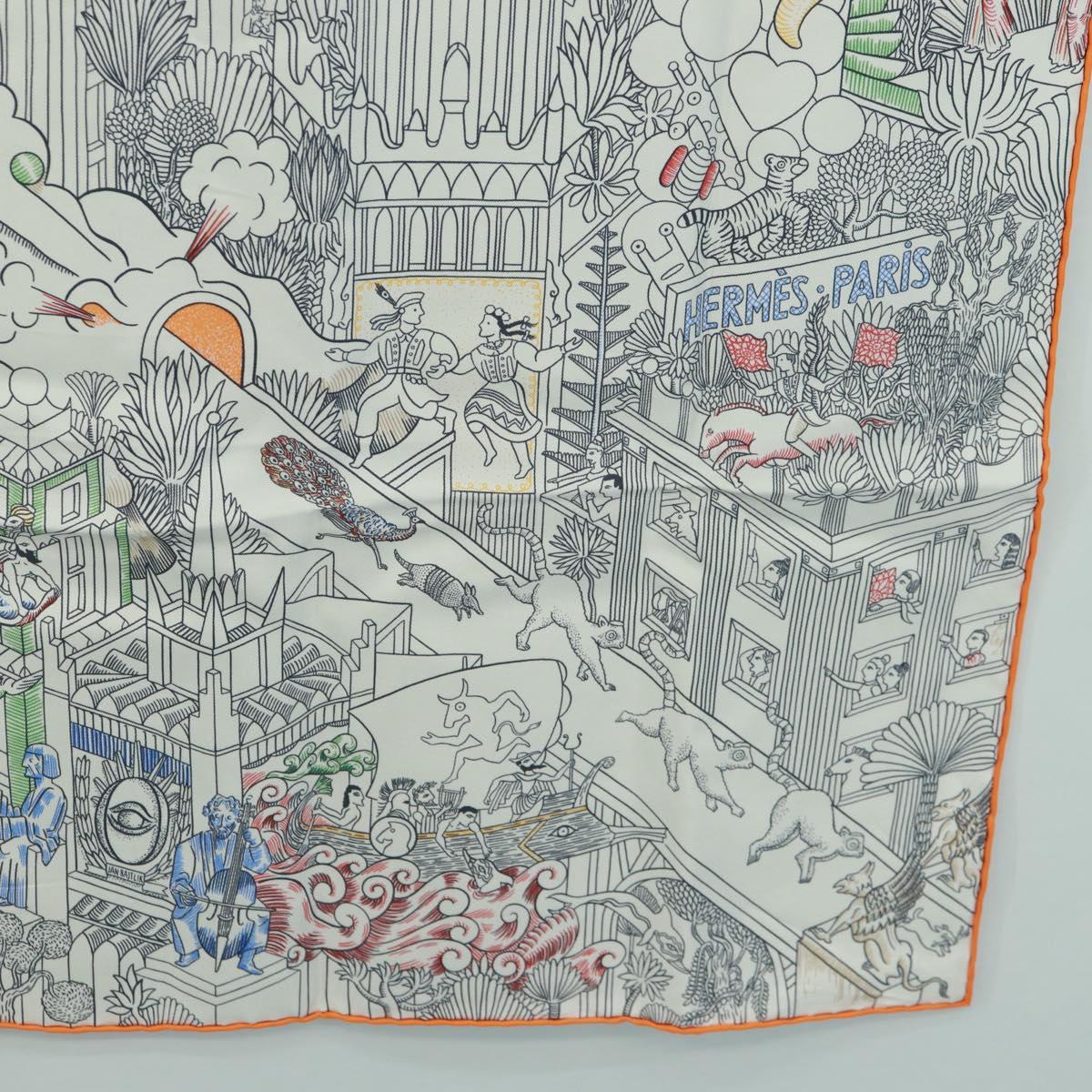 HERMES Carre 90 Scarf ""Animapolis"" Silk White Auth 172016SAM