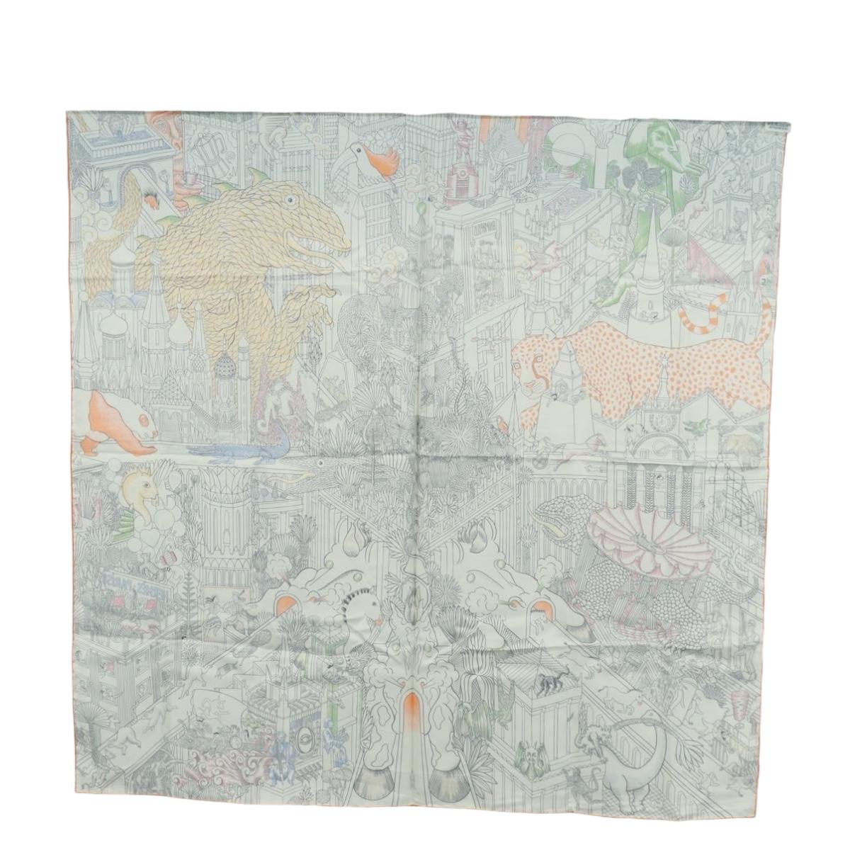 HERMES Carre 90 Scarf ""Animapolis"" Silk White Auth 172016SAM