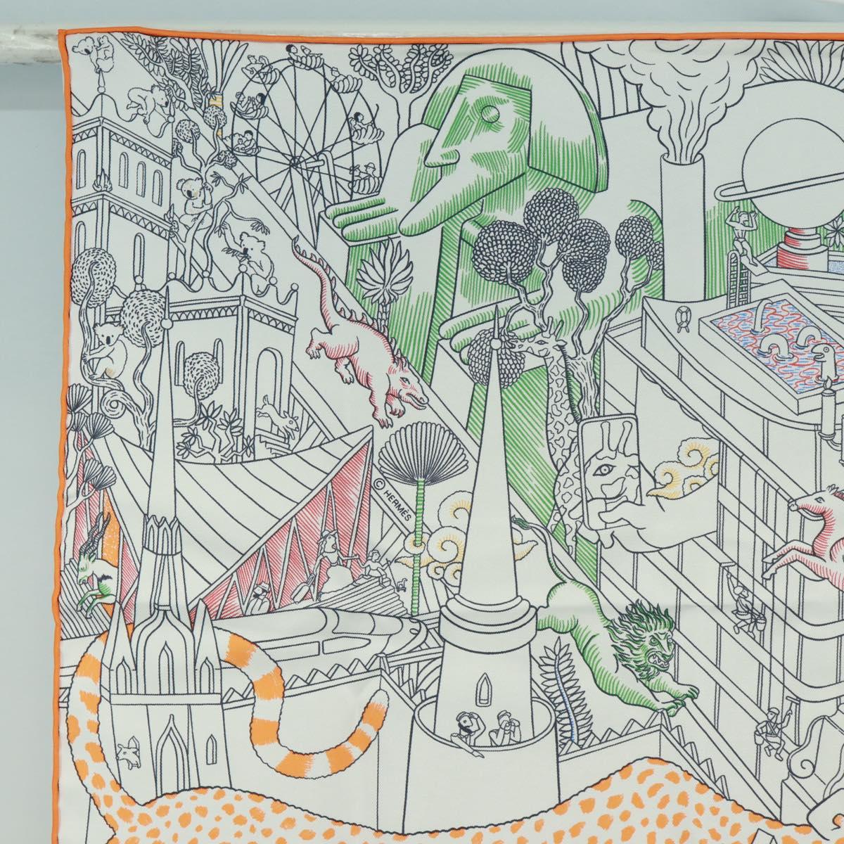 HERMES Carre 90 Scarf ""Animapolis"" Silk White Auth 172016SAM