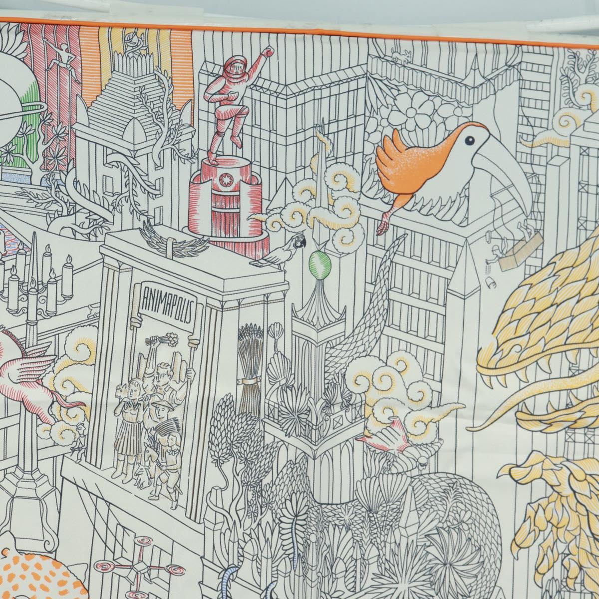 HERMES Carre 90 Scarf ""Animapolis"" Silk White Auth 172016SAM