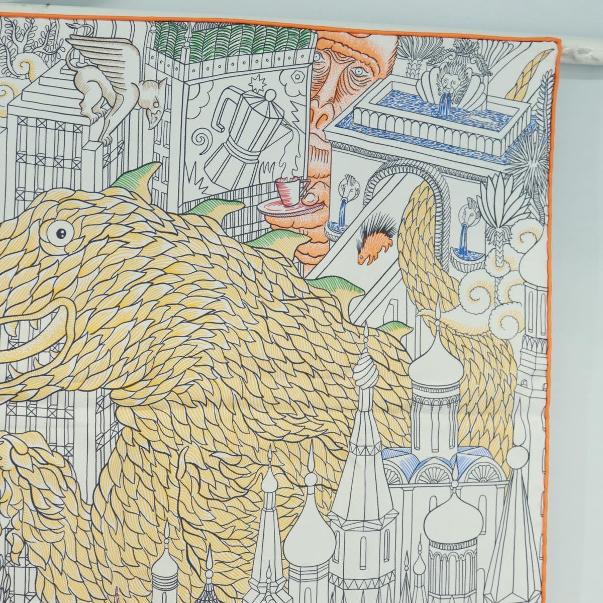 HERMES Carre 90 Scarf ""Animapolis"" Silk White Auth 172016SAM