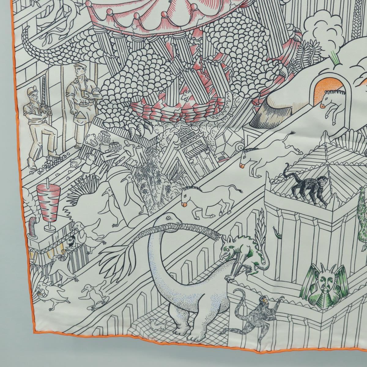 HERMES Carre 90 Scarf ""Animapolis"" Silk White Auth 172016SAM