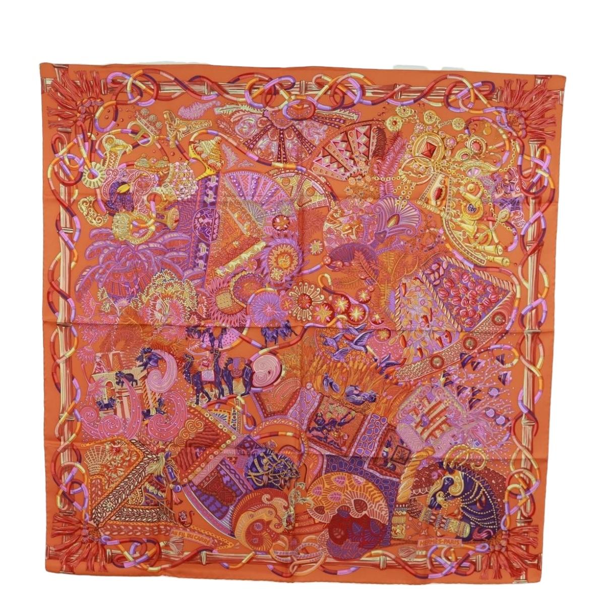 HERMES Carre 90 Scarf ""AU FIL DU CARRE"" Silk Orange Auth 172021M