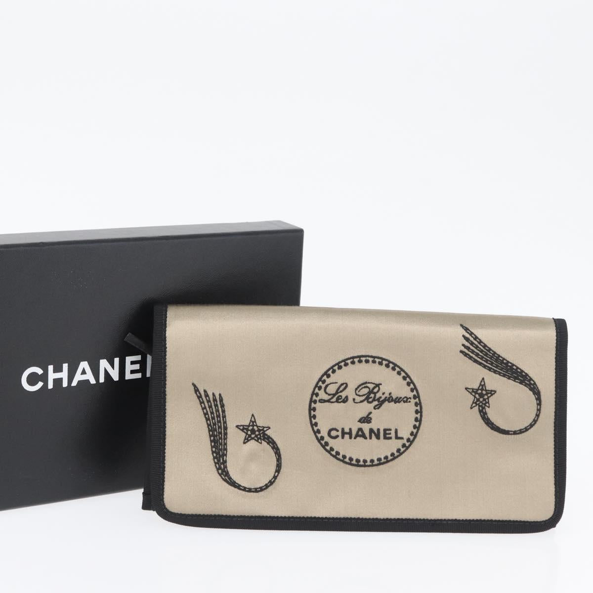 CHANEL Jewelry Pouch Satin Gold CC Auth 172027