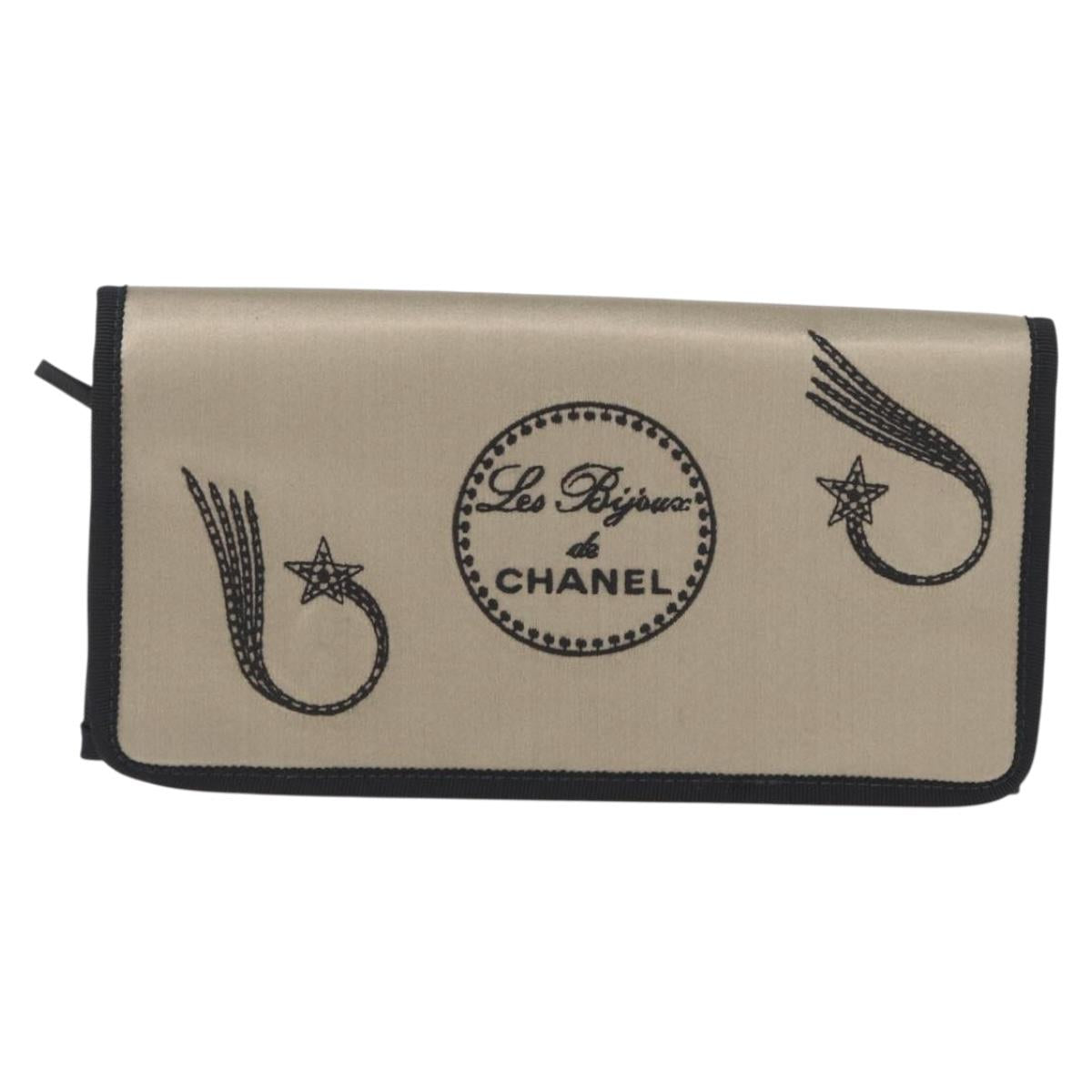 CHANEL Jewelry Pouch Satin Gold CC Auth 172027