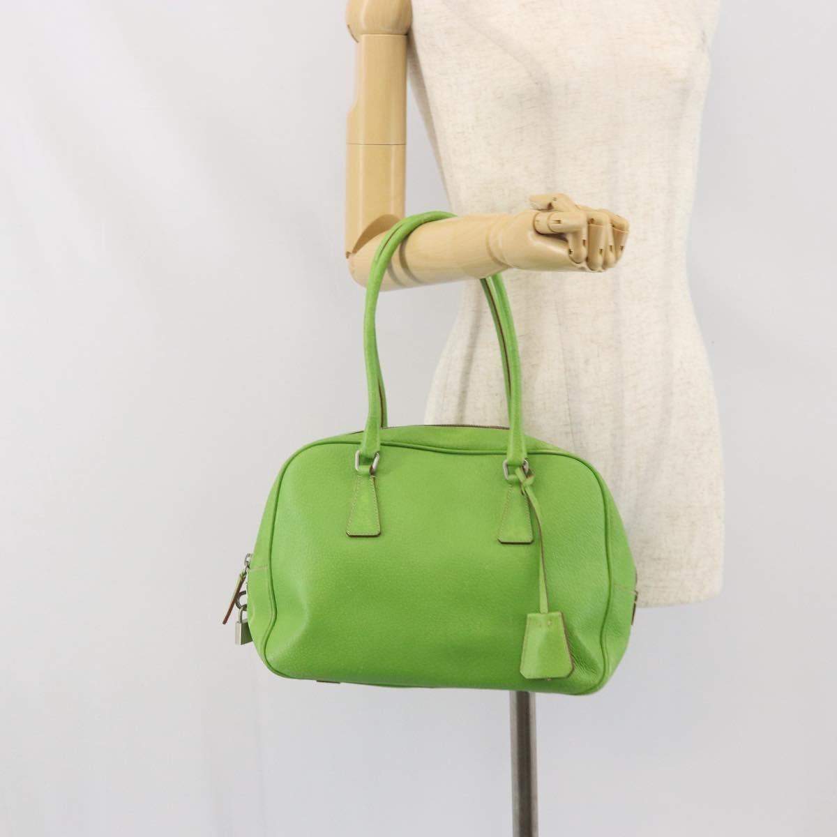 PRADA Hand Bag Leather Silver Light green Auth 172031
