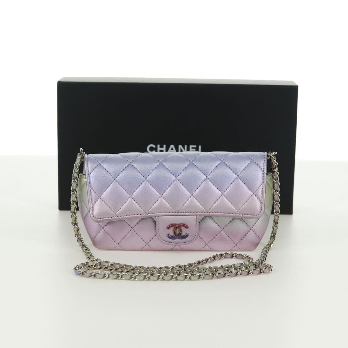 CHANEL Chain Shoulder Pouch Matelasse Leather Purple Silver CC Auth 172041SAM