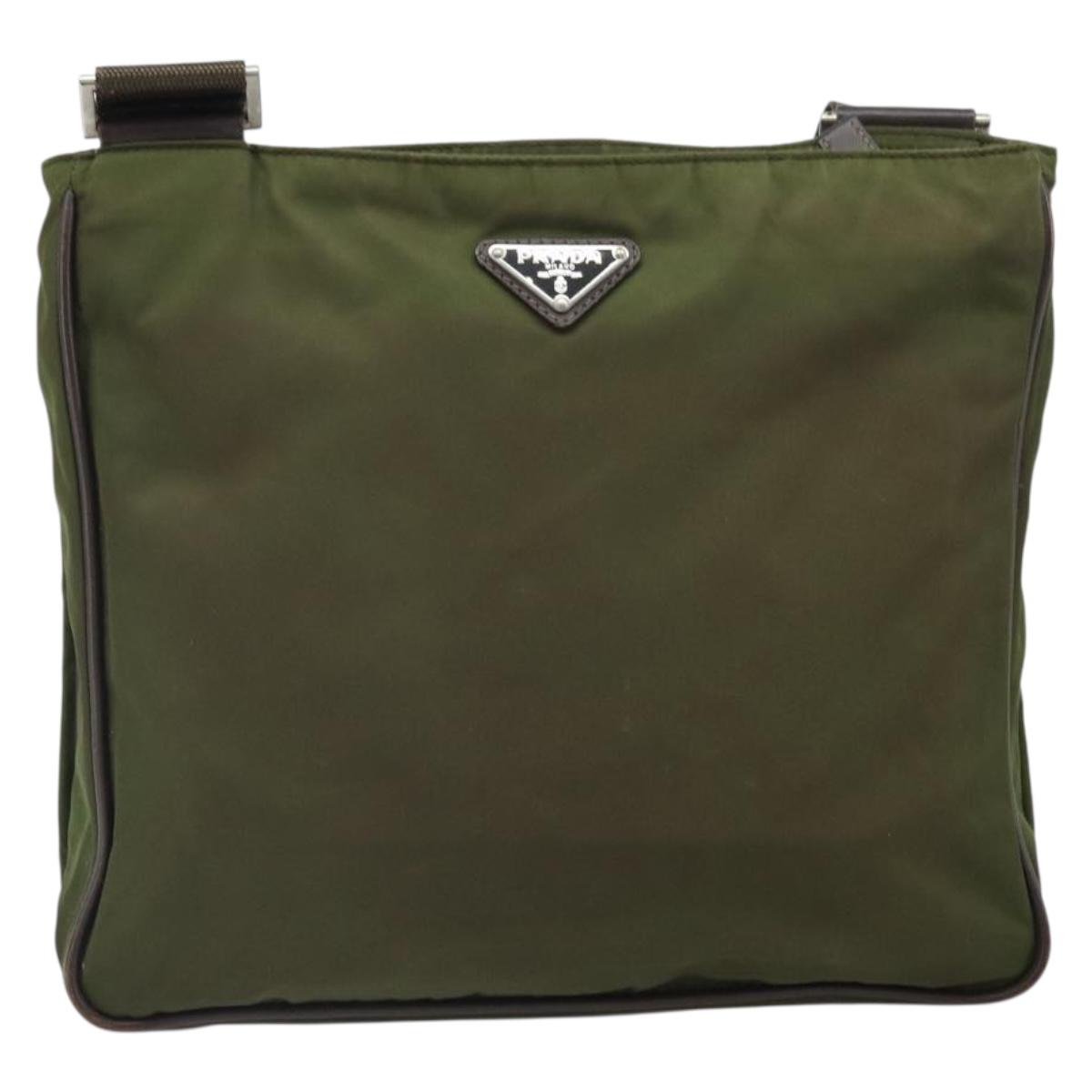 PRADA Shoulder Bag Nylon Khaki Silver Auth 172042