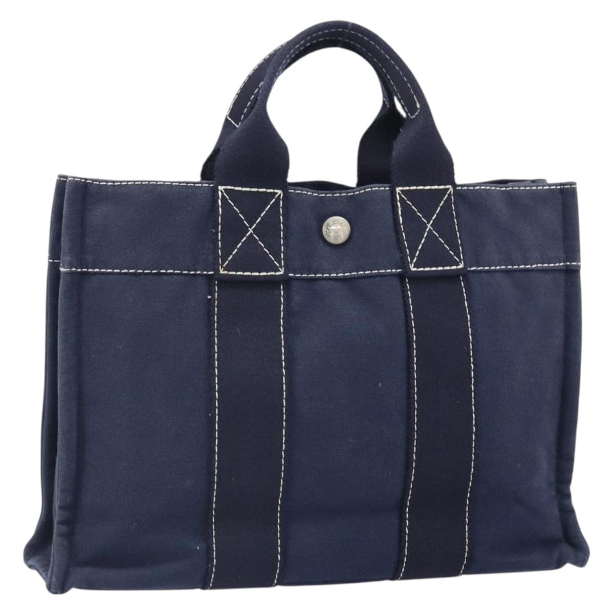 HERMES Fourre Tout PM Hand Bag Canvas Navy Silver Auth 172044