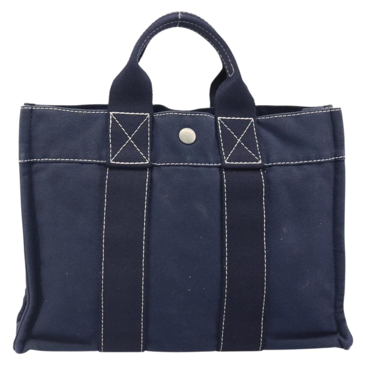 HERMES Fourre Tout PM Hand Bag Canvas Navy Silver Auth 172044