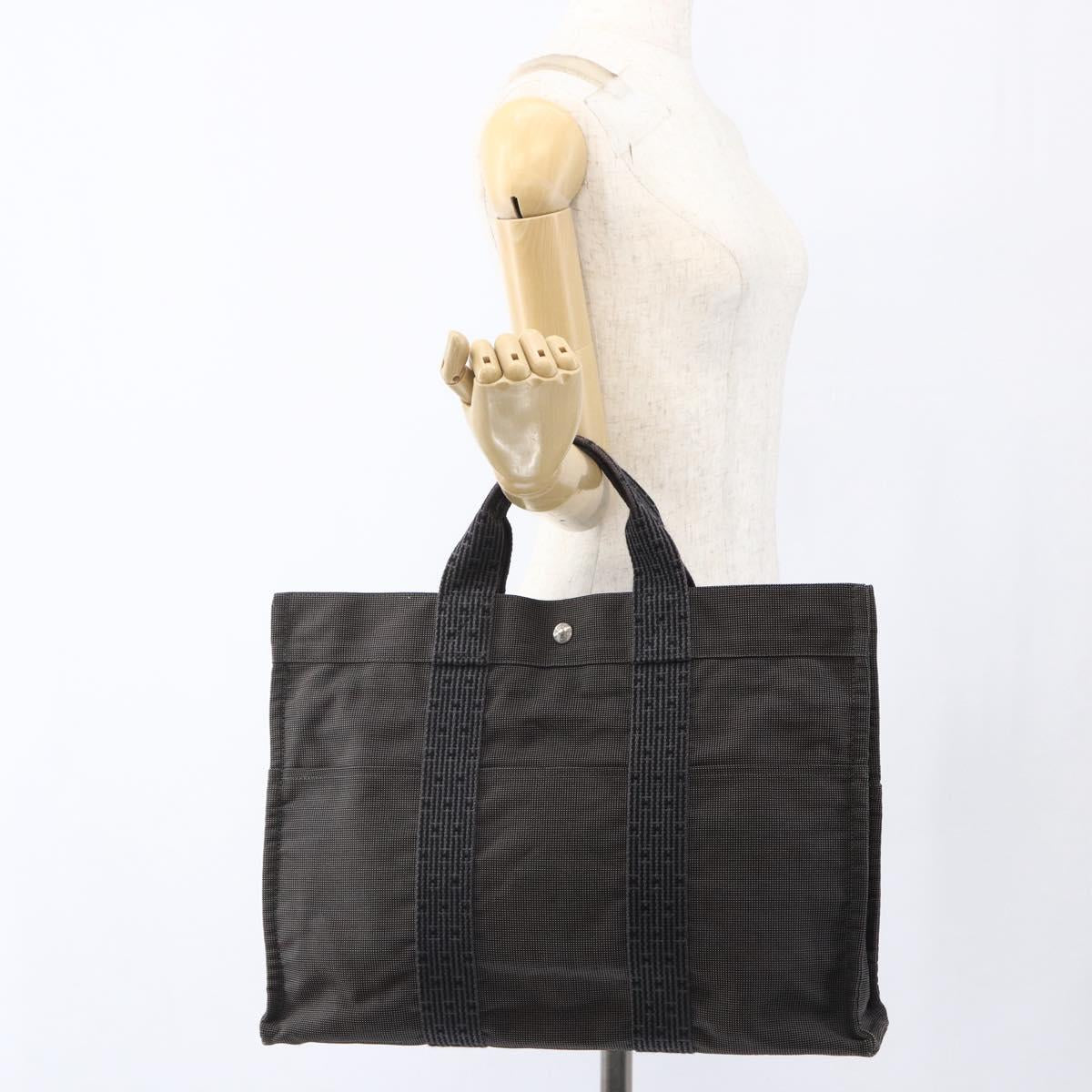 HERMES Her Line Tote MM Hand Bag Canvas Gray Silver Auth 172058