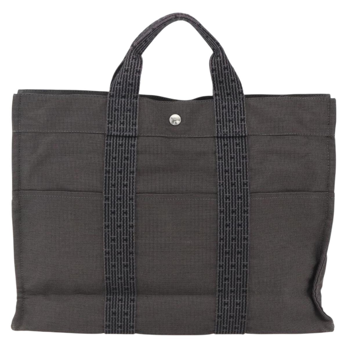 HERMES Her Line Tote MM Hand Bag Canvas Gray Silver Auth 172058