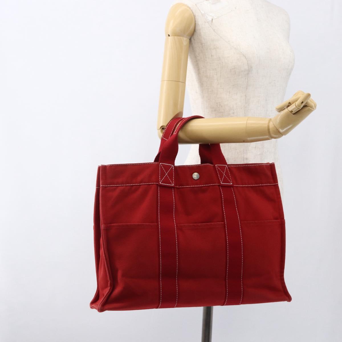 HERMES Fourre Tout MM Hand Bag Canvas Red Silver Auth 172059