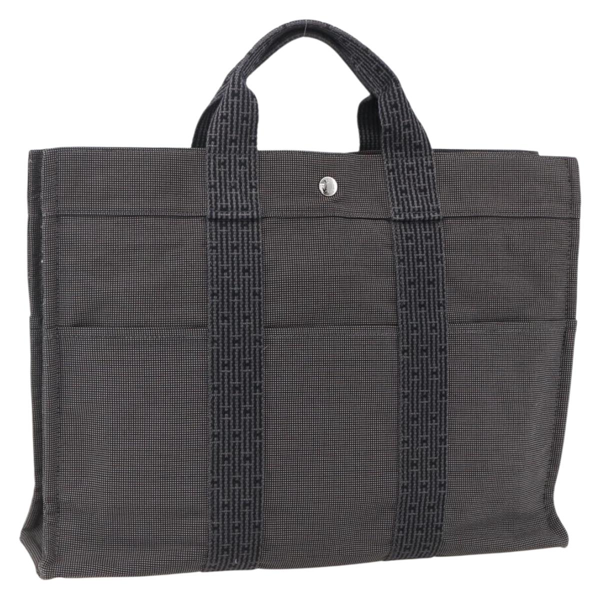 HERMES Her Line Tote MM Hand Bag Canvas Gray Silver Auth 172060